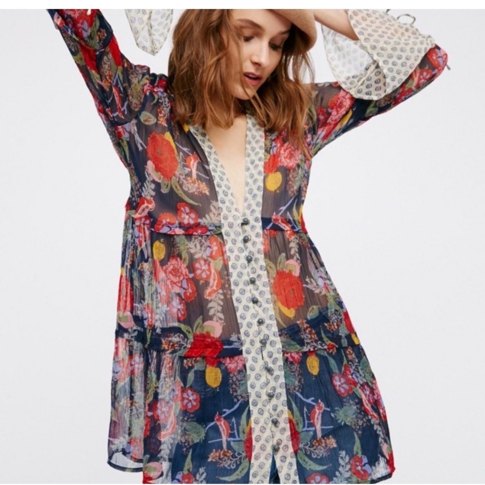 Free People Thunder Canyon Tunic Floral Button Front Sheer Navy Blue Boho Large
